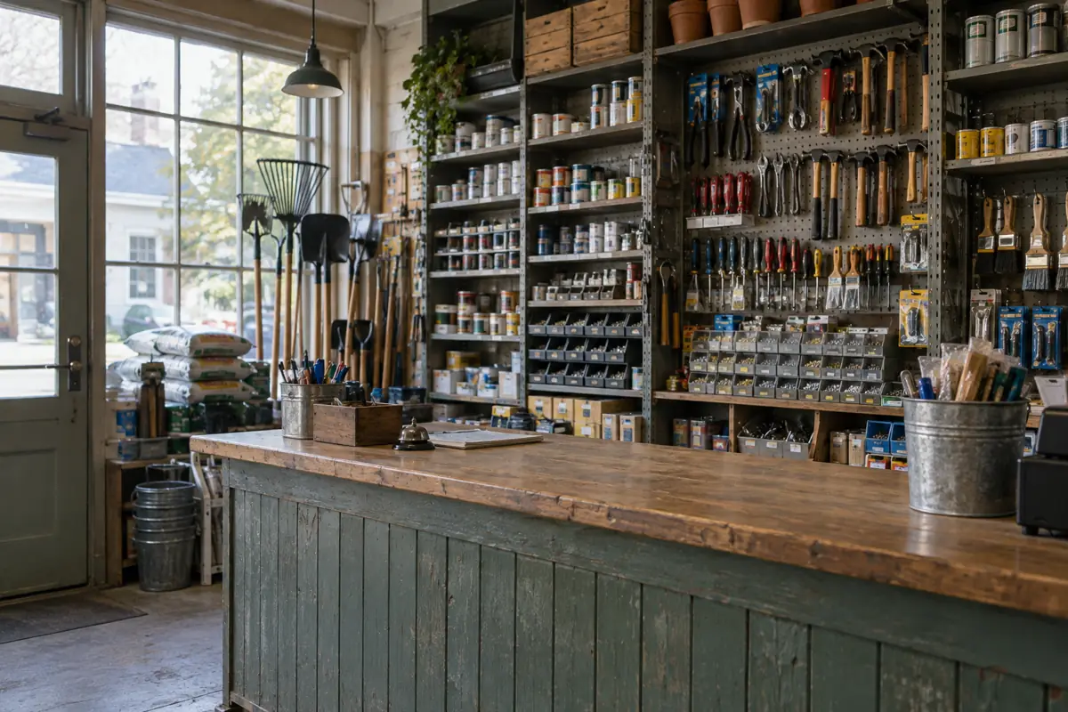 Hardware store counter and inventory shelves before opening