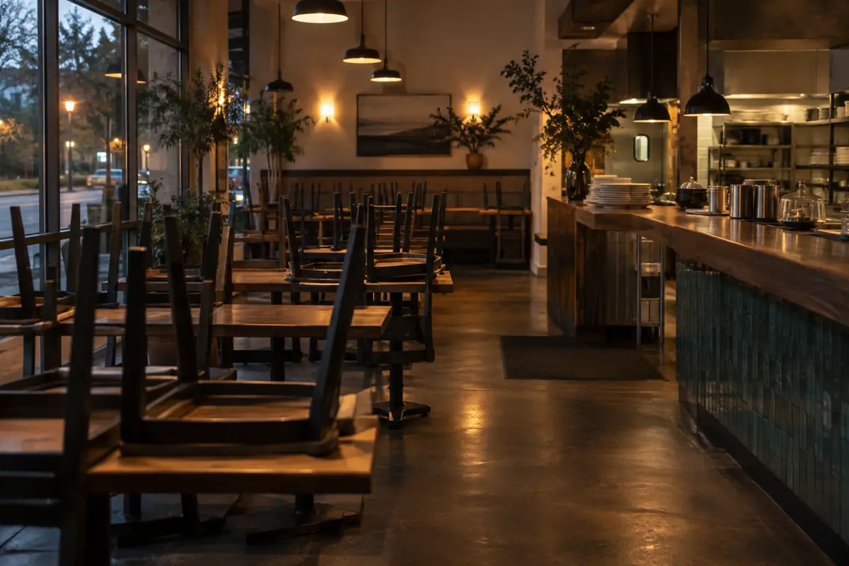Empty restaurant dining room after closing with chairs on tables