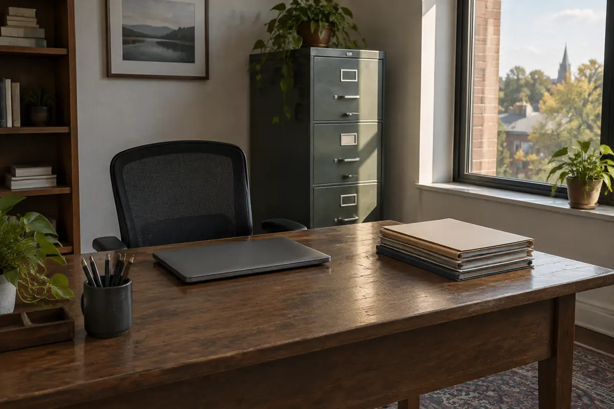 A small office desk with folders and a filing cabinet by a window.