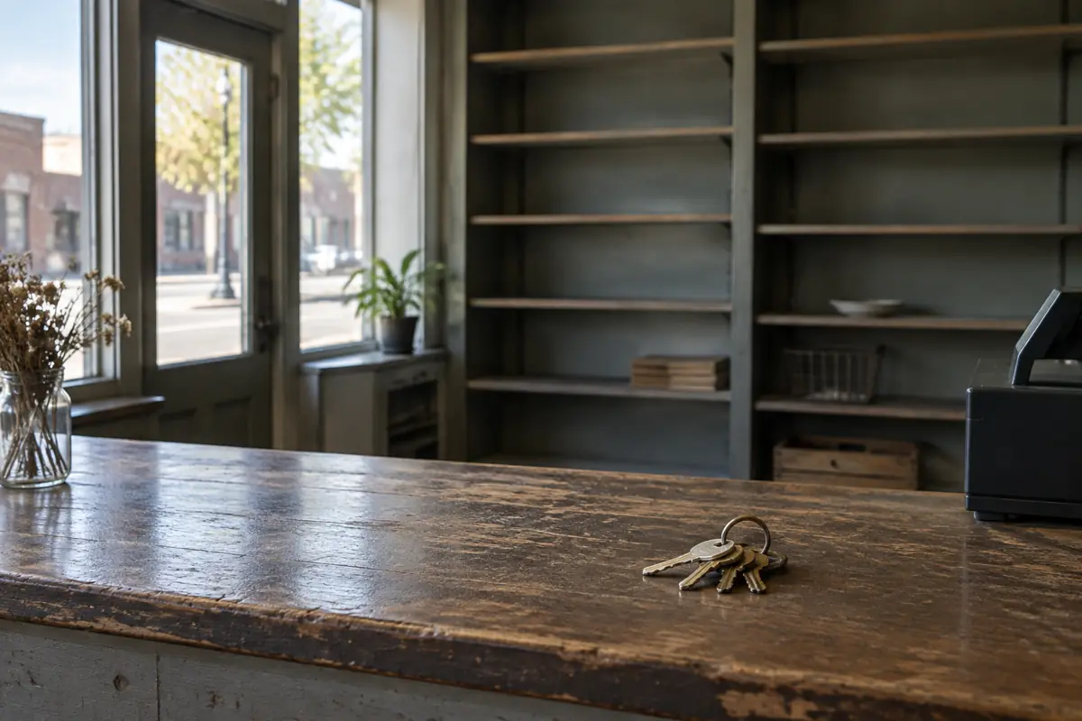 Keys resting on the counter of a closed neighborhood shop.