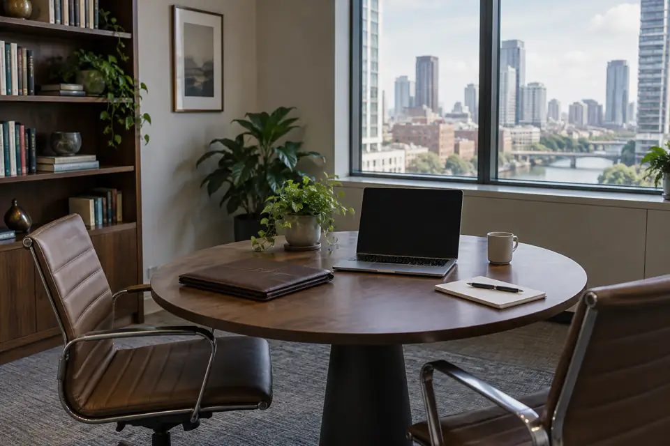 Quiet advisory meeting room with a round table and two chairs