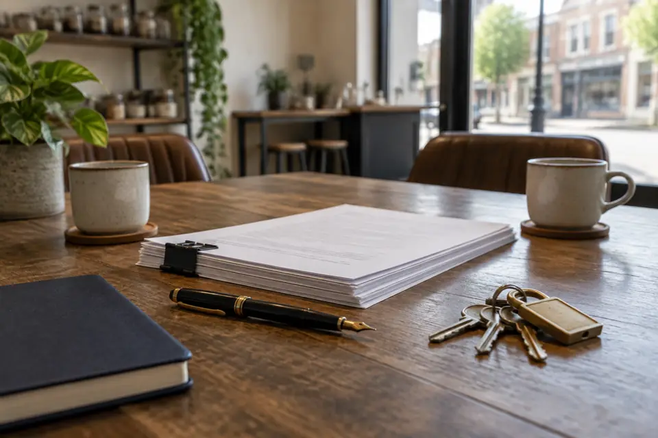 Signed sale documents and shop keys on a table after closing