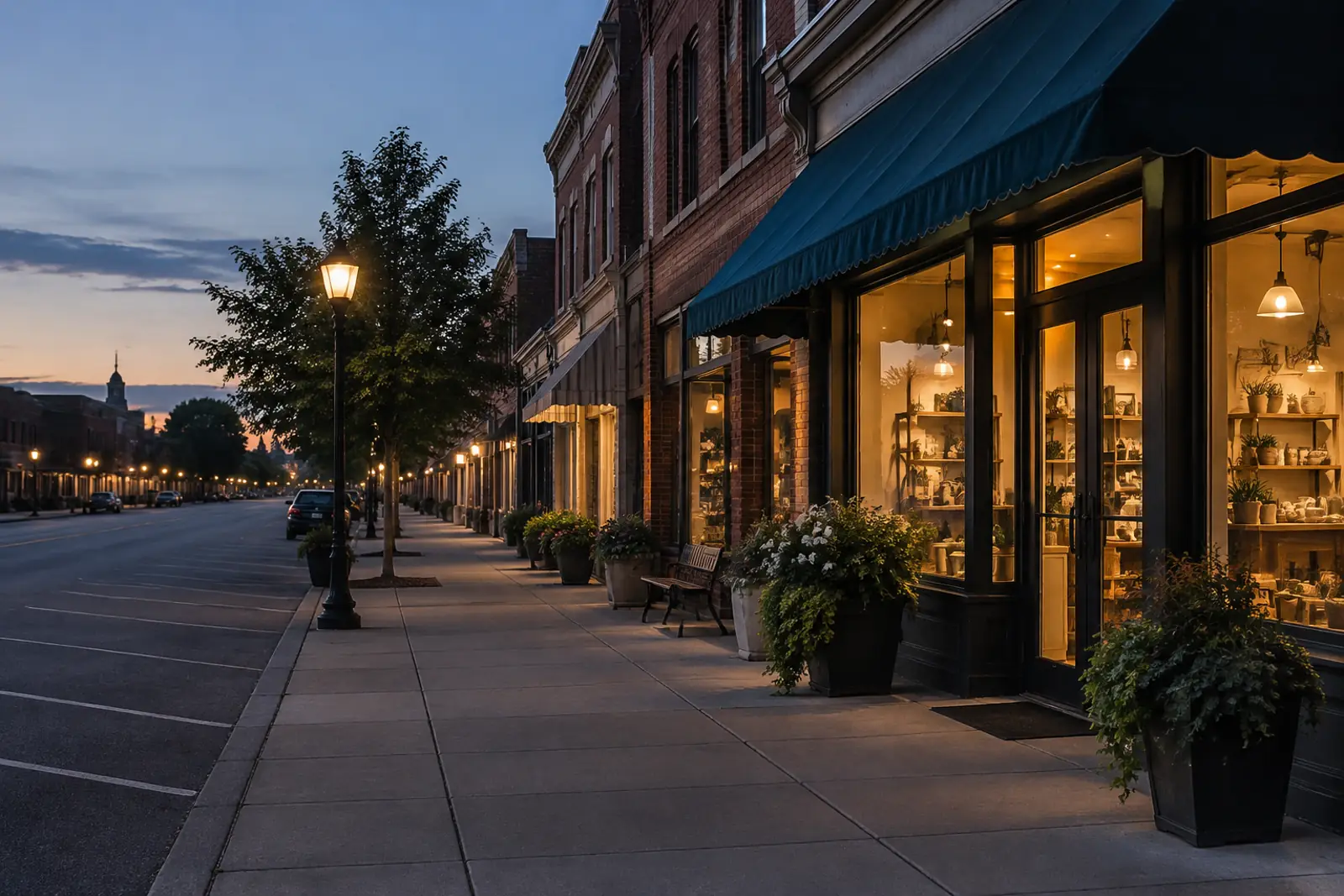 Independent shop on a small-town main street at dusk