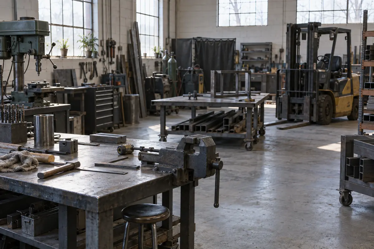 Small fabrication workshop with workbenches and tools