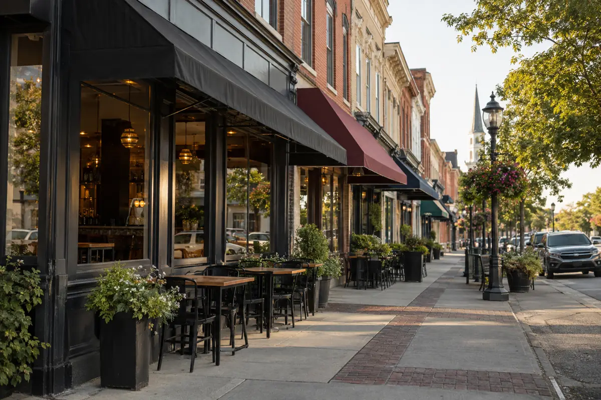 Row of small-town restaurant and tavern storefronts in late afternoon light