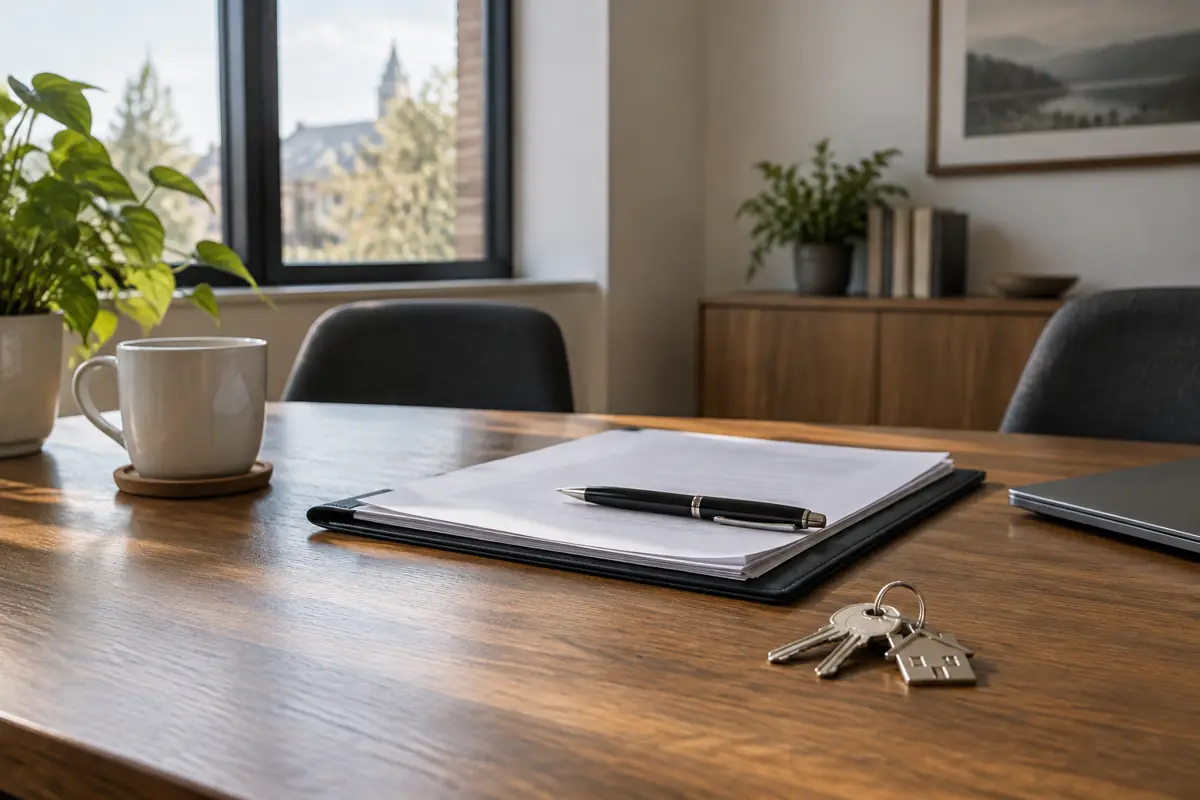 Closing table with a document folder, pen and keys on a wooden desk
